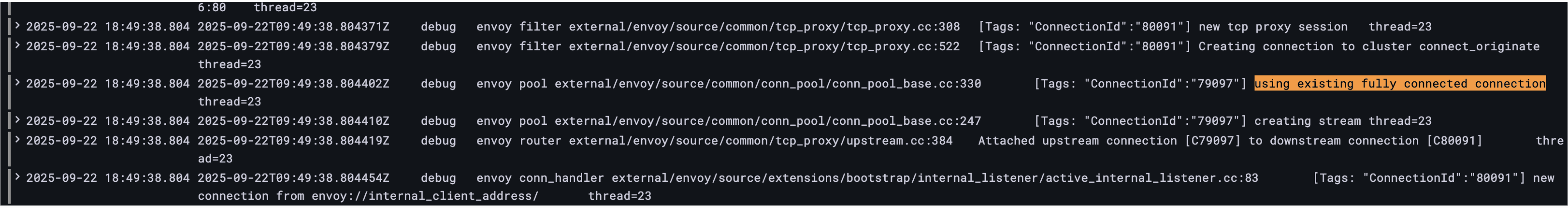 Existing HBONE connection reuse log