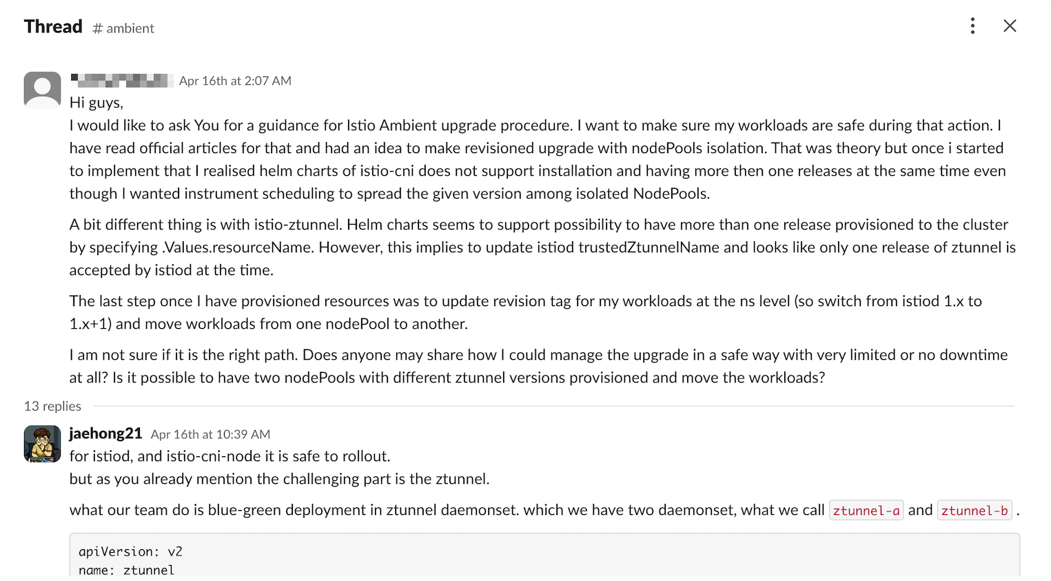 Discussion of an Ambient upgrade procedure in Istio's #ambient channel